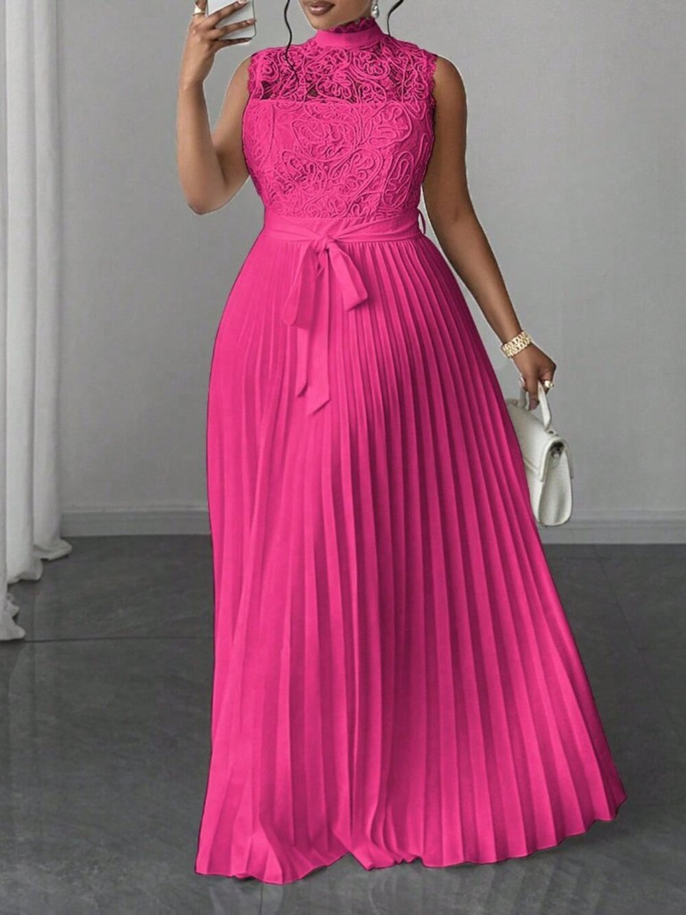 Hot Pink Elegant Women's Plus Size Lace Pleated Waist Sleeveless Dress